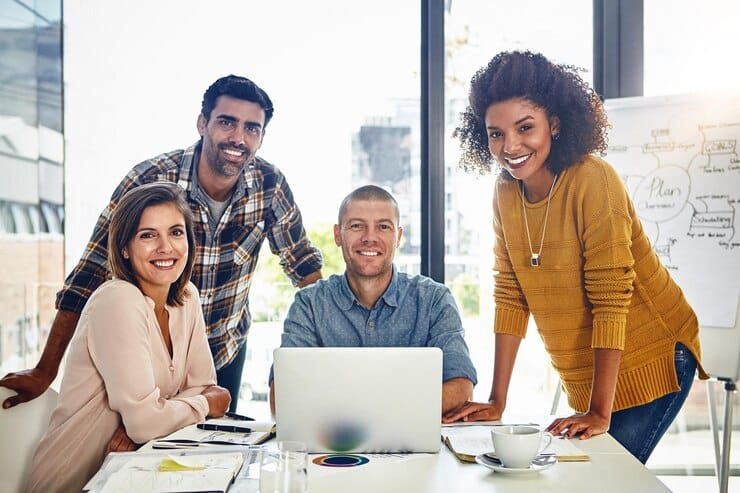 meeting portrait creative planning laptop with web design project teamwork chat people research brainstorming website with happiness support coworking collaboration office