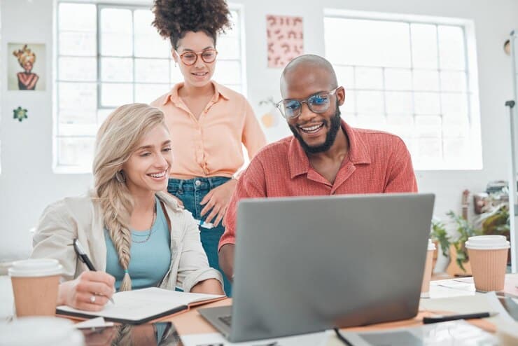 teamwork laptop mentor with business people office visual merchandiser campaign layout branding creative director idea consulting with employee design launch project