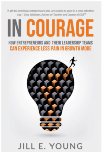 The book cover for "In Courage: How Entrepreneurs and Their Leadership Teams Can Experience Less Pain in Growth Mode" by Jill E. Young, featuring a lightbulb icon made of stacked cubes with a silhouette figure running toward the top.