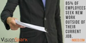 A professional graphic by VisionSpark featuring a person in a suit handing over a document, with the text overlay: "85% OF EMPLOYEES SEEK NEW WORK OUTSIDE OF THEIR CURRENT JOB. - INDEED.COM"