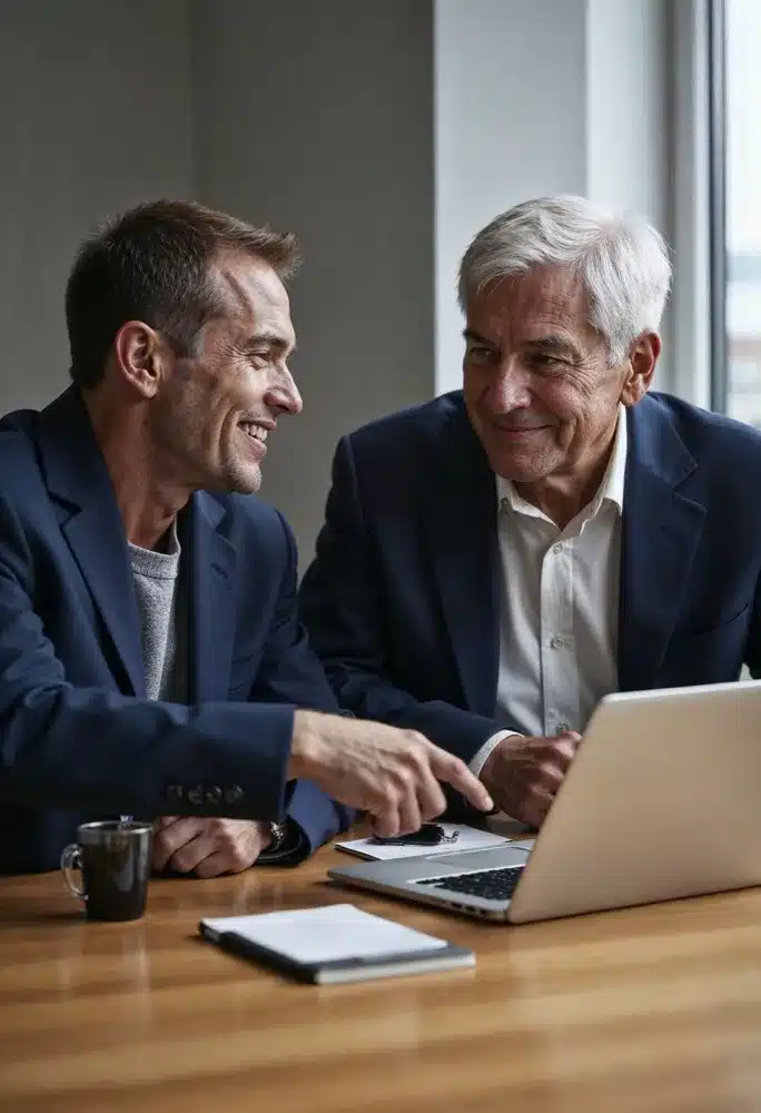Two business leaders reviewing compensation data together on a laptop